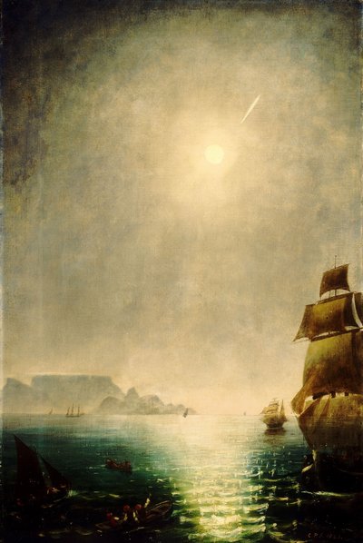 Vista a la luz de la luna sobre Table Bay mostrando el Gran Cometa de 1843 de Charles Piazzi Smyth