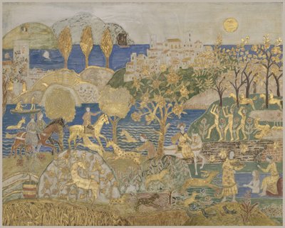 Ciudad de la colina, c.1928 (témpera, grafito y hoja de oro sobre panel inciso y gesso) de Charles Prendergast