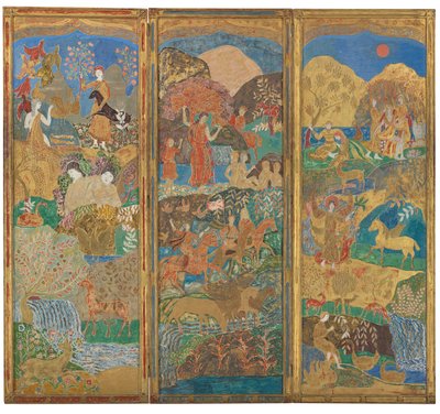 Biombo de tres paneles, c.1916-17 (óleo y pan de oro sobre madera gessoada) de Charles Prendergast