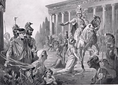 Alejandro en el saqueo de Tebas en 335 a.C., ilustración de la "Historia de las Naciones de Hutchinson". de Charles Rebel Stanton