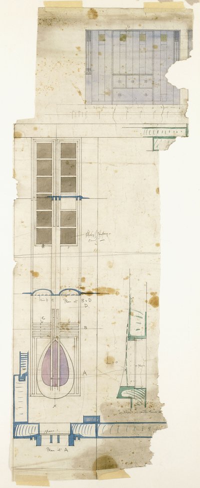 Diseño para un armario, mostrado en elevación, con detalles a media escala del panel decorativo, 1904 de Charles Rennie Mackintosh