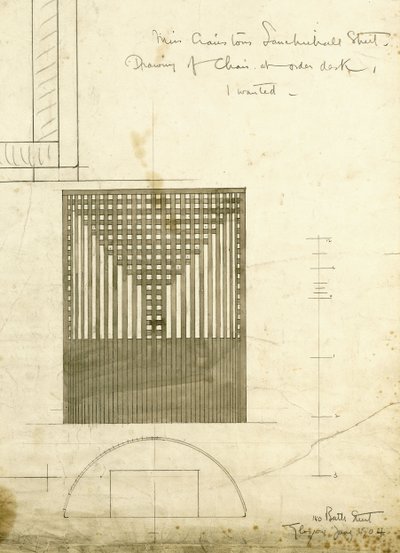 Diseño para la Silla de Escritorio de Orden, mostrado en elevación y plano, 1904 de Charles Rennie Mackintosh