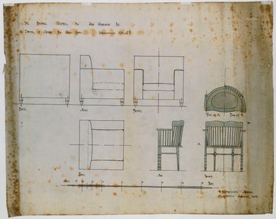Diseños para una silla tapizada y una silla de husillo mostrados en elevación y planos de Charles Rennie Mackintosh