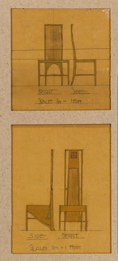 Diseños para sillas mostradas en elevaciones frontal y lateral, para la Sala de Lujo, Willow Tea Rooms de Charles Rennie Mackintosh