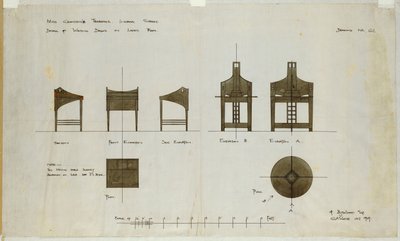 Diseños para escritorios mostrados en elevaciones frontal y lateral, para los Salones de Té de Ingram Street, 1909 de Charles Rennie Mackintosh
