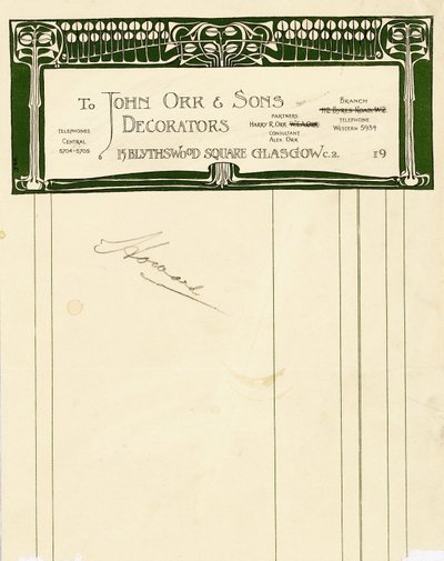 Diseño de papelería para John Orr & Sons, Glasgow, c.1894-1898 de Charles Rennie Mackintosh