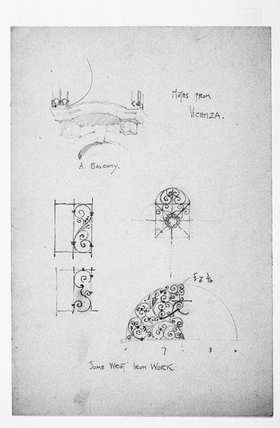 Vicenza, a la izquierda un balcón, y abajo, algunas obras de hierro forjado, 1891 de Charles Rennie Mackintosh