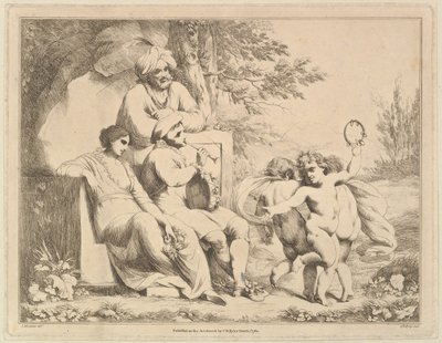 Tres putti bailando al son de un flautista, 1 de marzo de 1780 de Charles Reuben Ryley