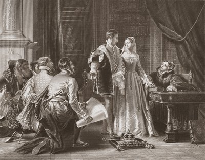 La reticencia de Lady Jane Grey a aceptar la corona, grabado por A.H. Payne de Charles Robert (after) Leslie