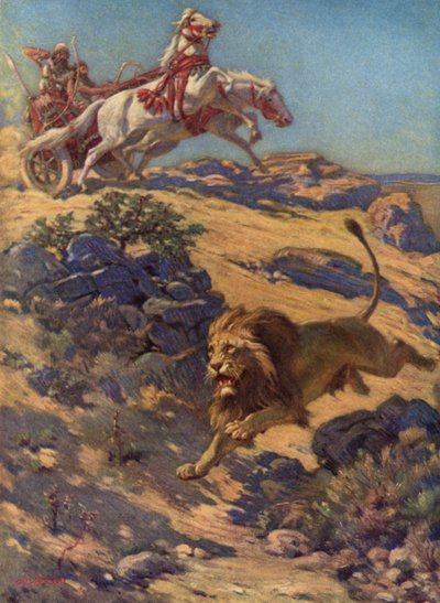 Caza del león en la antigua Asiria (litografía en color) de Charles Robert Knight