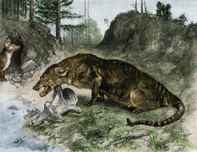 Prehistoria: un mesónice a orillas del lago Uintah en Utah y Wyoming (EE.UU.) (grabado) de Charles Robert Knight