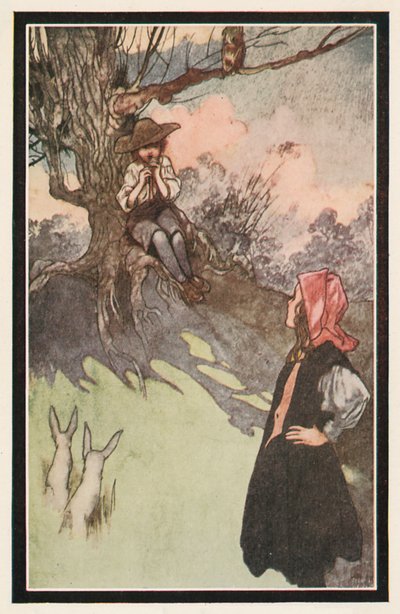 Un niño estaba sentado bajo un árbol, tocando una flauta de madera tosca de Charles Robinson
