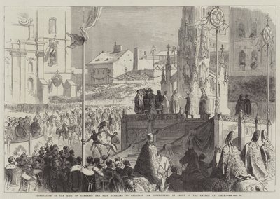 Coronación del Rey de Hungría, el Rey jurando mantener la Constitución frente a la Iglesia en Pesth de Sir John Charles Robinson