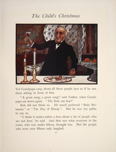 Ilustración que muestra a un hombre levantando una copa, en una comida navideña. de Charles Robinson