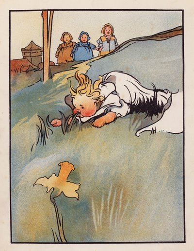 Nonsense: Bebé mordisqueando hierba (litografía en color) de Charles Robinson