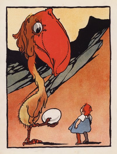 Nonsense: Niño con un extraño pájaro que sostiene un huevo (litografía en color) de Charles Robinson