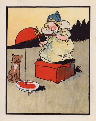 Disparate: Bebé pescando en un plato (litografía en color) de Charles Robinson