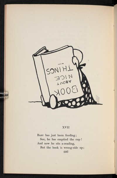 XVII.
Una rima. Un niño leyendo un libro al revés. de Charles Robinson