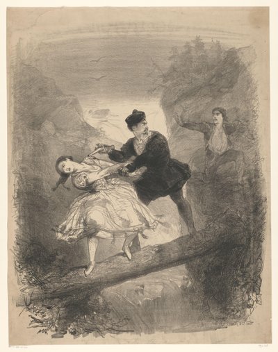 Escena de ballet con un hombre y una mujer sobre un precipicio
Anuncios de ballets y obras de teatro representadas en el Teatro Municipal de Ámsterdam (título de la serie) de Charles Rochussen