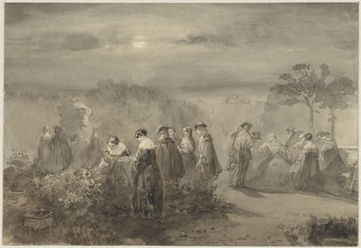 Compañía de damas y caballeros en un patio a la luz de la luna con rosales de Charles Rochussen