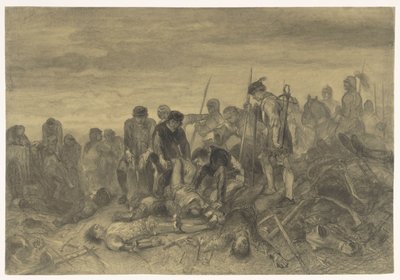 El cadáver de Ricardo III, rey de Inglaterra, encontrado en el campo de batalla de Bosworth, 1485 de Charles Rochussen