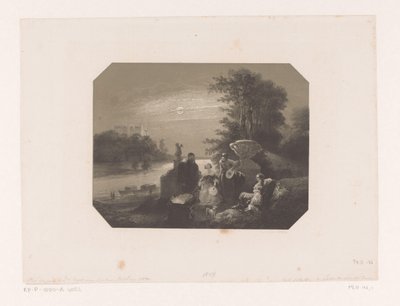 Hombres y mujeres en el paisaje a la luz de la luna. de Charles Rochussen