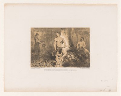 Hombres, mujeres y niños en el bosque. Kvenen, habitantes más antiguos de los Países Bajos (título sobre objeto) de Charles Rochussen