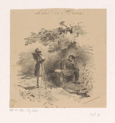 Pintor en reposo en conversación con otro artista Escuela de pintura de Hollandsche, dibujos y bocetos de los pintores más famosos de los Países Bajos (título de la serie) de Charles Rochussen