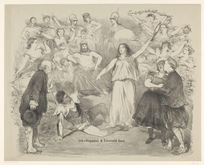 Escena de la obra Verdad y mentira. Anuncios de ballets y obras de teatro representadas en el Amsterdam City Theatre (título de la serie) de Charles Rochussen