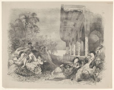 Escena de juego con mujeres orientales. Anuncios de ballets y obras de teatro representadas en el Amsterdam City Theatre (título de la serie) de Charles Rochussen