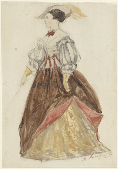 Mujer con traje de amazona, con sombrero y sosteniendo un látigo de Charles Rochussen