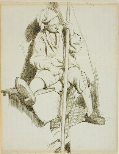 Hombre sentado, sosteniendo un bastón en la mano izquierda de Charles Samuel Keene