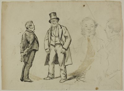 Boceto de dos hombres de pie y dos retratos de Charles Samuel Keene