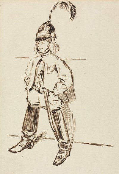 Estudio de un niño con casco y botas de Charles Samuel Keene