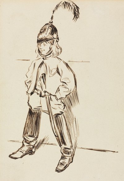 Estudio de un niño con casco y botas de Charles Samuel Keene