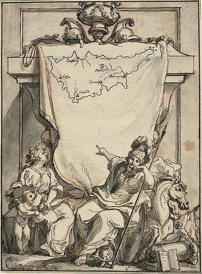 Alegoría con el mapa de Chipre de Charles Simonneau