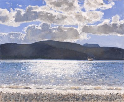 Barco de pesca, Loch Broom, 2017 (óleo sobre lienzo) de Charles Simpson
