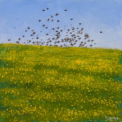 Estorninos y ranúnculos, Iona, 2015 (óleo sobre lienzo) de Charles Simpson
