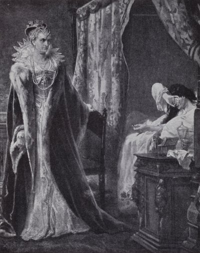 La condesa de Nottingham devolviendo el anillo del conde de Essex a la reina Isabel I, pero demasiado tarde para salvarlo de la ejecución (litografía) de Charles Soubre