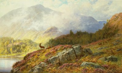Ciervo en un paisaje de las tierras altas (óleo sobre lienzo) de Charles Stuart