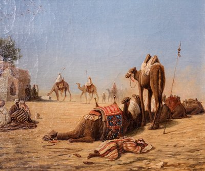 La halte des chameliers au caravanserail (óleo sobre lienzo) de Charles Theodore (1814-88) Frere