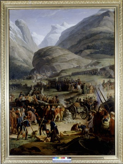 El ejército francés en el pueblo de Saint Pierre para el cruce del paso de Saint Bernard de Charles Thevenin