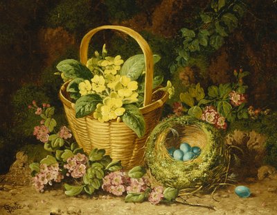 Primaveras en una cesta, japonica y un nido de pájaros de Charles Thomas Bale