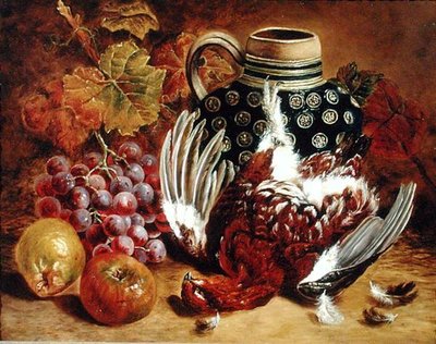 Bodegón de uvas, manzanas, urogallo muerto y una jarra azul de Charles Thomas Bale