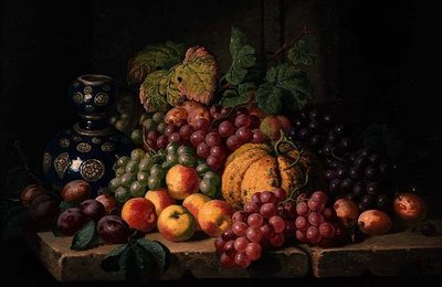Naturaleza muerta con frutas y un jarrón azul de Charles Thomas Bale