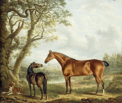Cazadores y un spaniel en un paisaje extenso, 1827 de Charles Towne