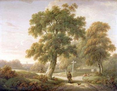 Viajeros en un cruce de caminos en un paisaje boscoso de Charles Towne