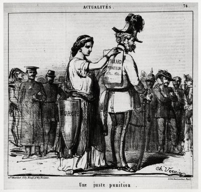 Un castigo justo: Europa coloca un cartel con la inscripción "saqueador, mentiroso, etc." en la espalda de un personaje con uniforme austríaco, con bigotes y patillas (Emperador Francisco José I de Austria 1830-1916). Ilustración de Charles Vernier de Charles Vernier