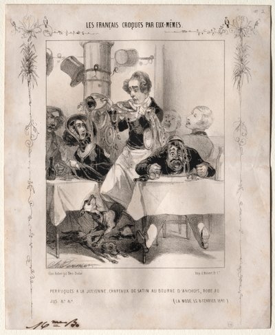 Les Français croqués par eux-mêmes: Perruques à la Julienne, Chapeaux de satin, 1840 de Charles Vernier