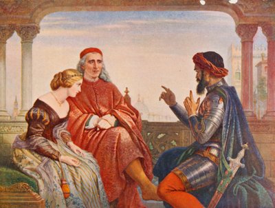Shakespeare: El cortejo de Desdémona, Otelo, Acto I, Escena 3 (litografia en color) de Charles West (after) Cope